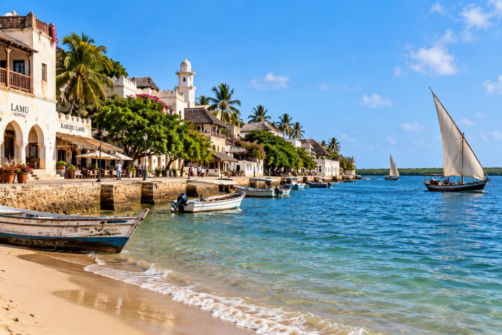 Traditional dhow boats and Swahili architecture in Lamu Old Town